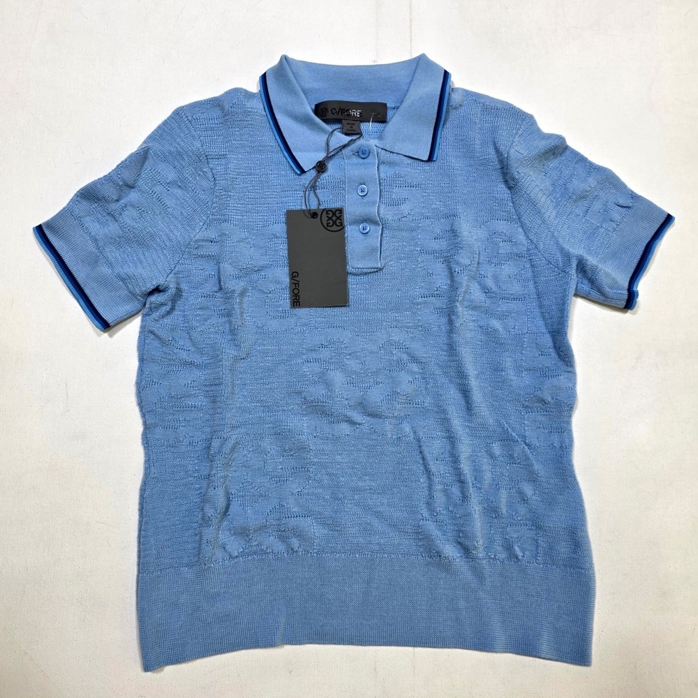 G/FORE Monogram Knit Polo Mens S Stone Blue Wool Blend G4LS22O16 Golf Luxury